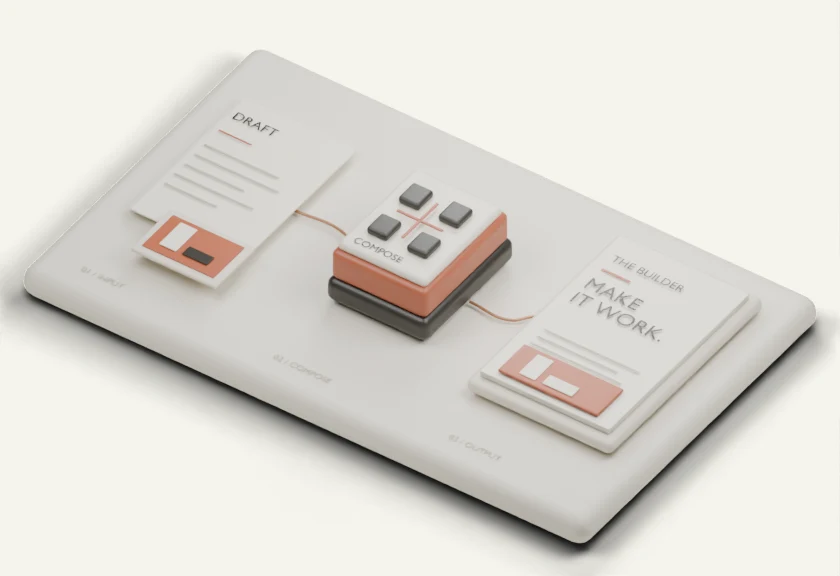 A three-dimensional creative workbench turns a draft into a composed article.